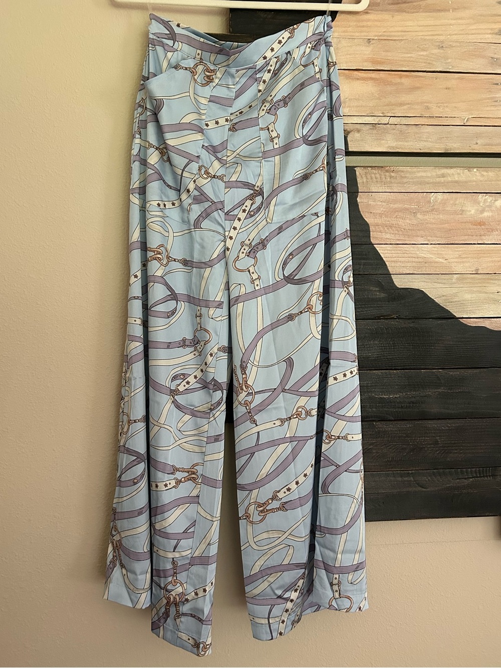Entro Silky Blue Chain Pattern Wide Leg Pant High-waist Trouser